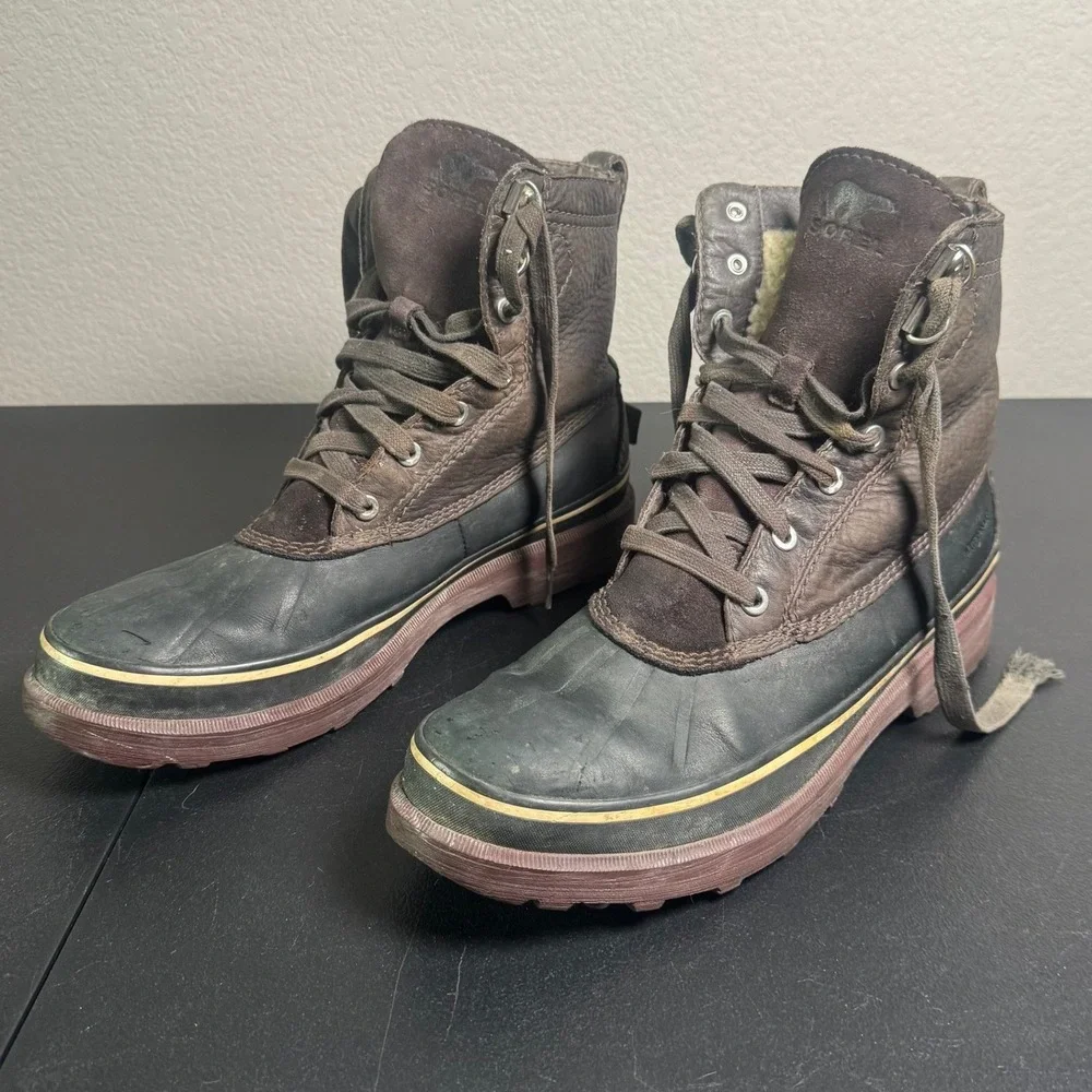 Sorel Caribou Storm Mens Waterproof Leather Duck Boots Brown Black Lug Sole 10